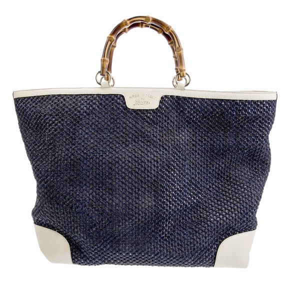Gucci Handbags - Gucci Raffia Bamboo Linen Leather Tote Bag Navy White